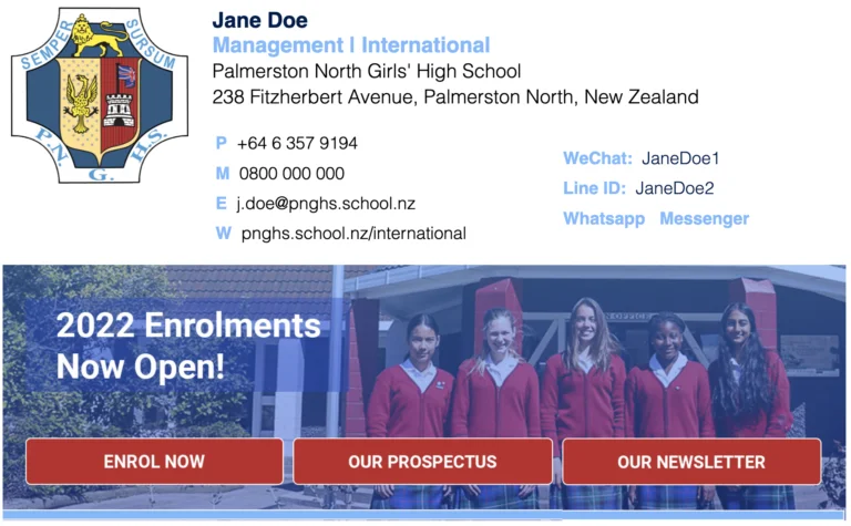 Render of PNGHS International Email Signature Displaying Banner with School Crest