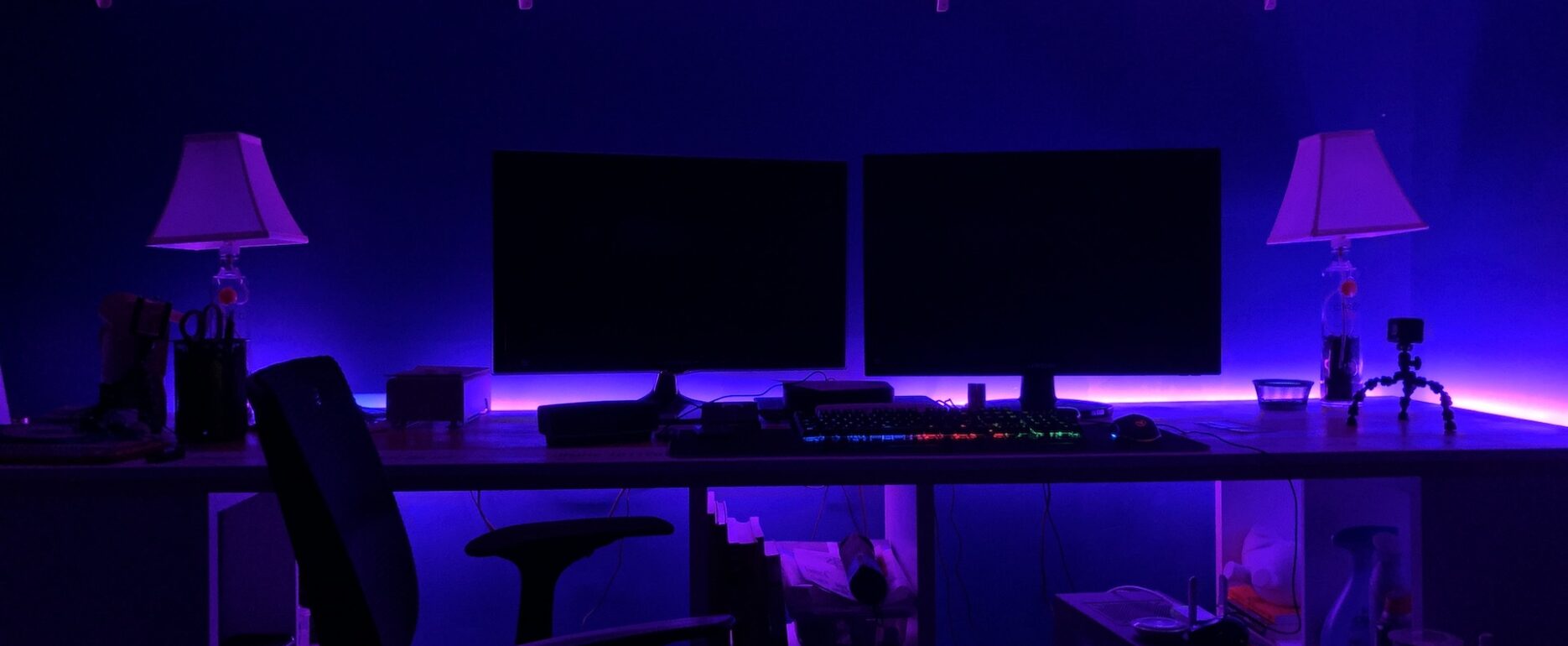 Desk setup with LED light strips