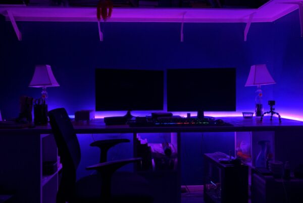 Desk setup with LED light strips